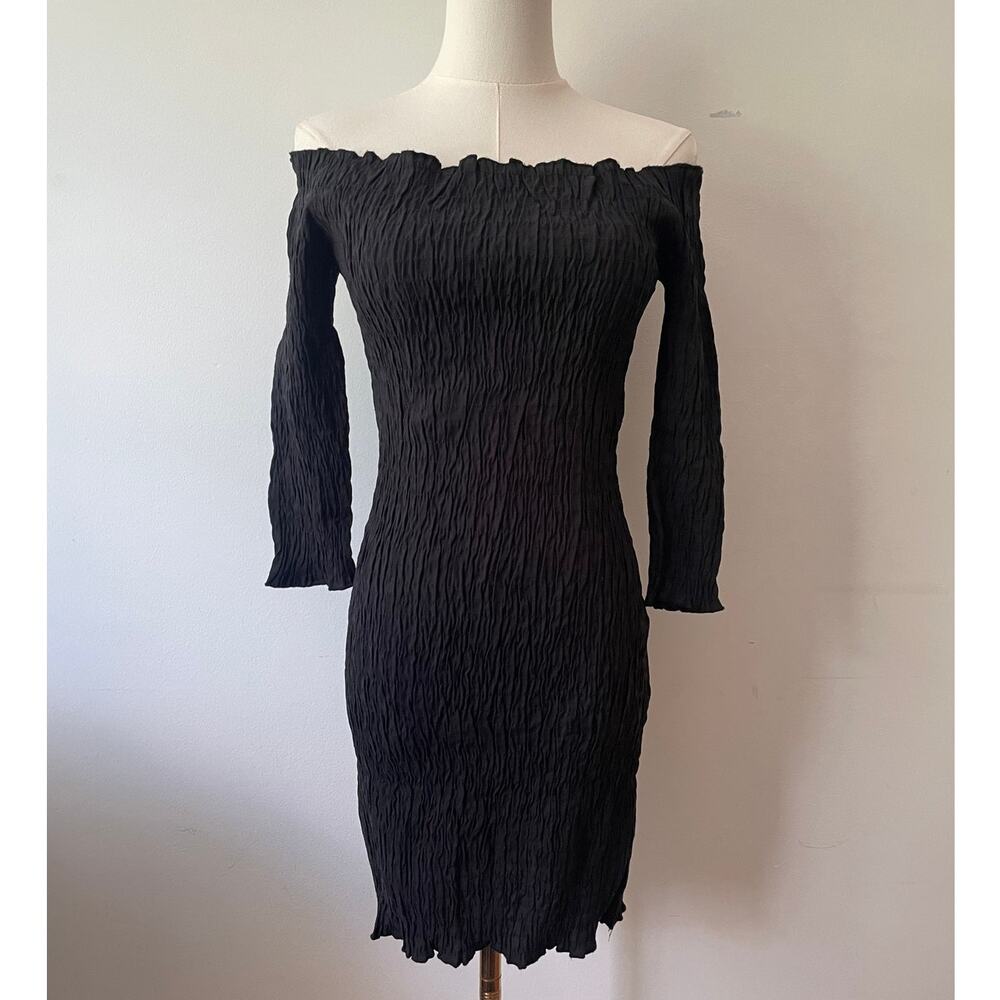 Zara Black Textured Off The Shoulder Ruched Bodycon Vacation Summer Dress Large